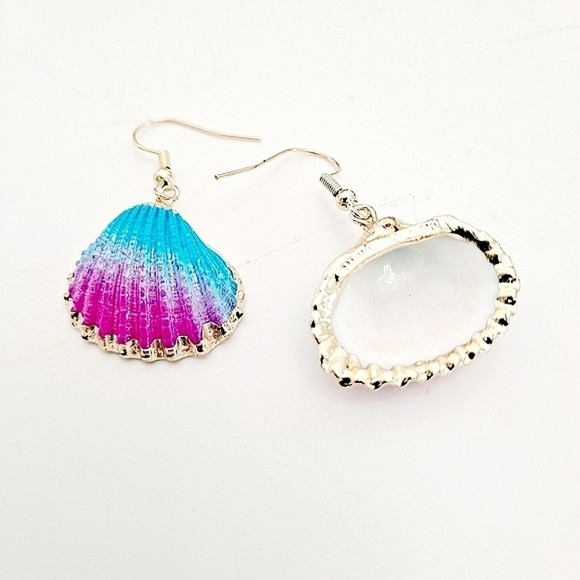 Gold statement earrings blue pink seashell boho mermaid beach tropical 💖 2/$30 - Picture 12 of 13